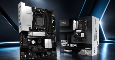 Placa base ASRock B550 Rock WiFi para AM4, con soporte Wi-Fi 6E, presentada junto a su caja en un fondo tecnológico.