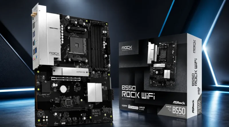 Placa base ASRock B550 Rock WiFi para AM4, con soporte Wi-Fi 6E, presentada junto a su caja en un fondo tecnológico.