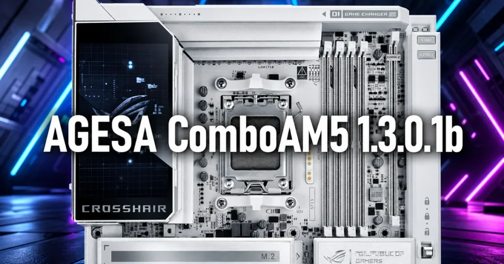 Placa madre ASUS ROG Crosshair X870E con detalles en blanco y negro, socket AM5 y RAM en color plata, sobre fondo azul.