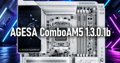Placa madre ASUS ROG Crosshair X870E con detalles en blanco y negro, socket AM5 y RAM en color plata, sobre fondo azul.