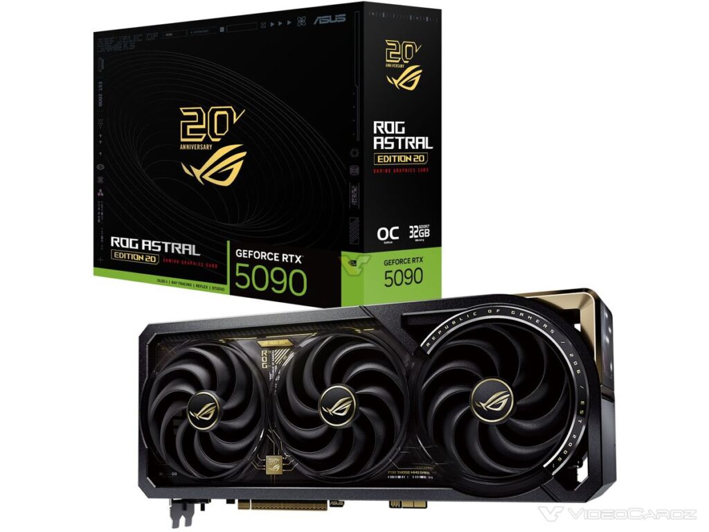 Tarjeta gráfica ROG Astral RTX 5090 con diseño en negro y dorado, ventiladores triples y caja en negro con detalles en verde.