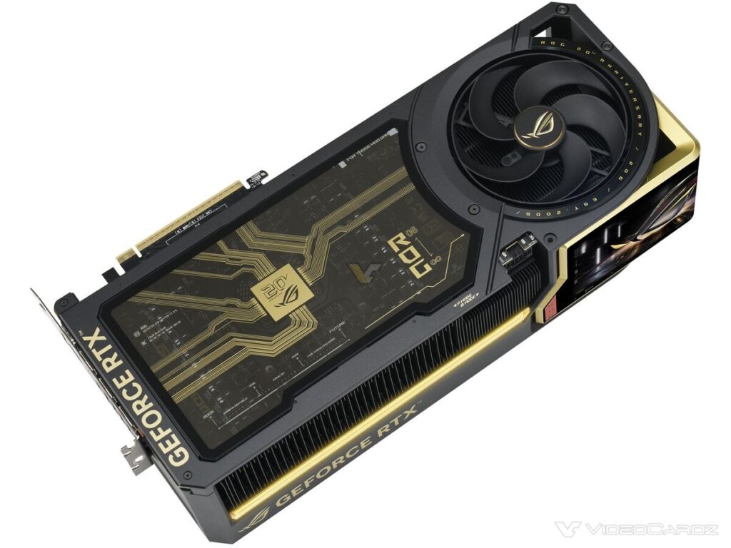 Tarjeta gráfica GeForce RTX 5090 con diseño negro y dorado, ventilador prominente y PCB visible, destacando componentes tecnológicos.