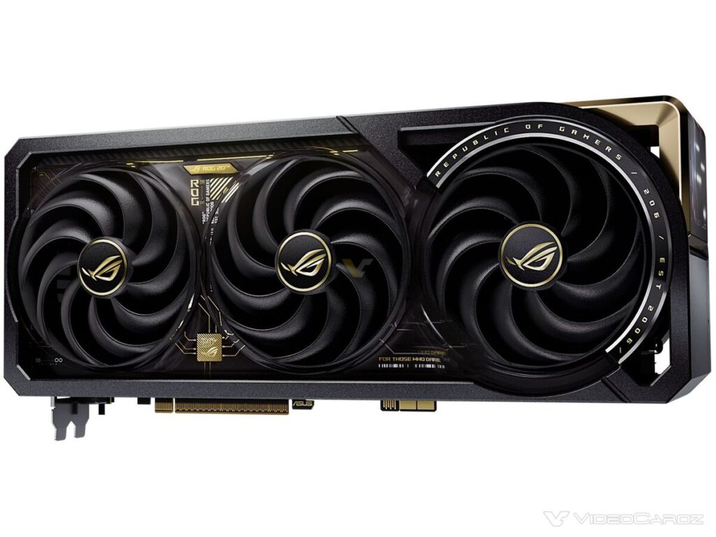 Tarjeta gráfica ASUS ROG Astral RTX 5090 con tres ventiladores negros y dorados, diseño elegante y detalles en negro y dorado.