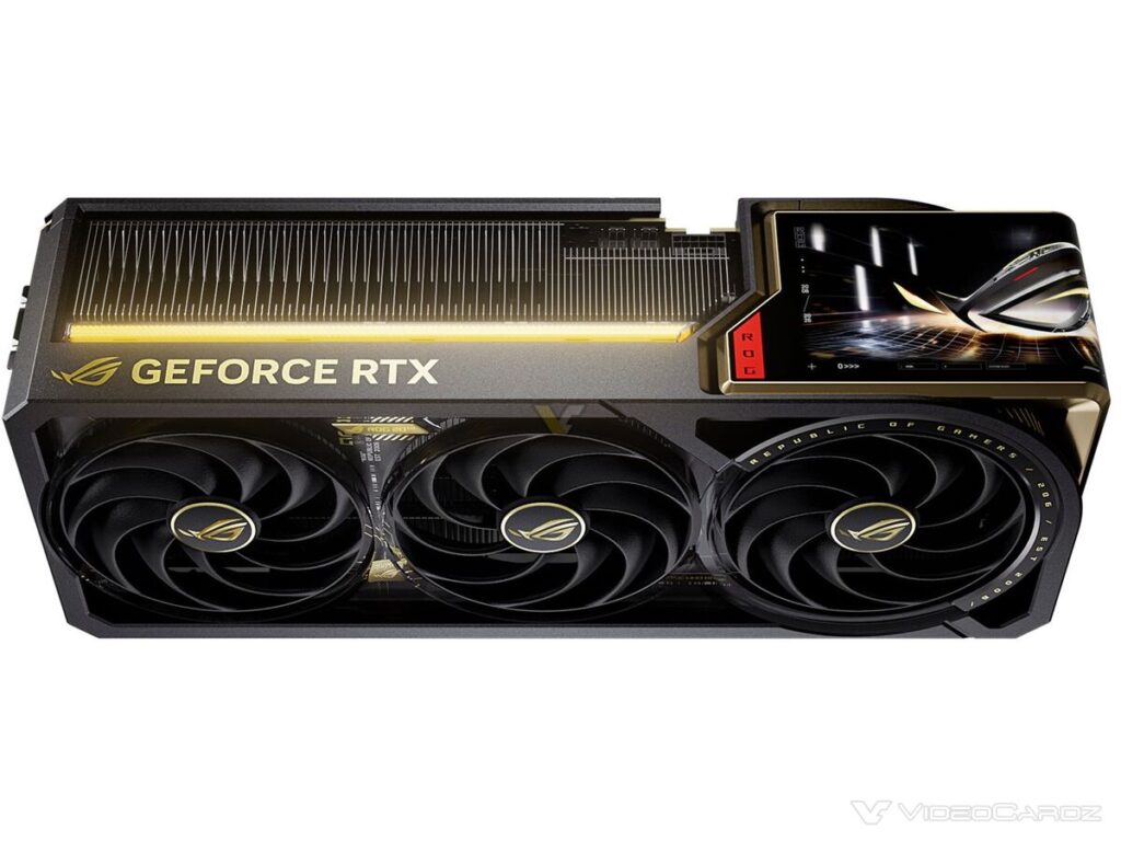 Tarjeta gráfica ASUS ROG GeForce RTX con diseño negro y dorado, tres ventiladores y pantalla AMOLED en la parte superior.