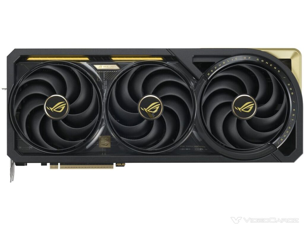 Tarjeta gráfica ASUS ROG Astral RTX 5090, con diseño negro y detalles dorados, tres ventiladores en forma de turbina.