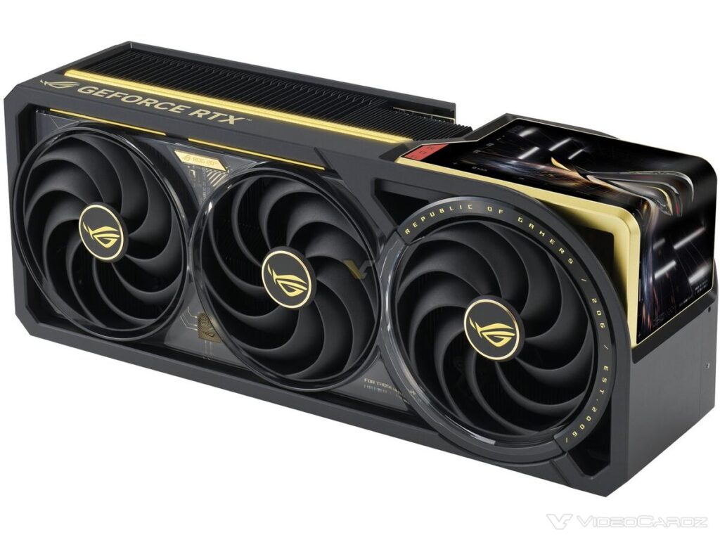 Tarjeta gráfica ASUS GeForce RTX con tres ventiladores, diseño negro y dorado, mostrando detalles de la marca ROG en la parte superior.