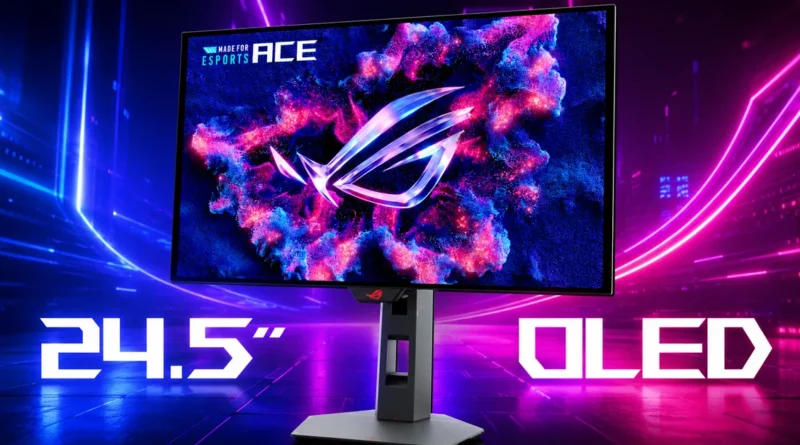 Monitor OLED de 24.5", con diseño futurista y colores vibrantes. Muestra el logo ROG en un fondo galáctico y fondo iluminado.