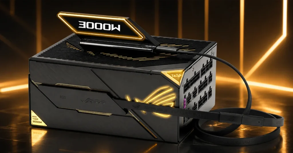 Fuente de poder ROG Thor 3000W de ASUS con diseño elegante y conexión para múltiples GPU.