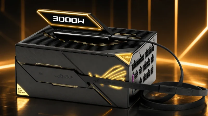 Fuente de poder ROG Thor 3000W de ASUS con diseño elegante y conexión para múltiples GPU.