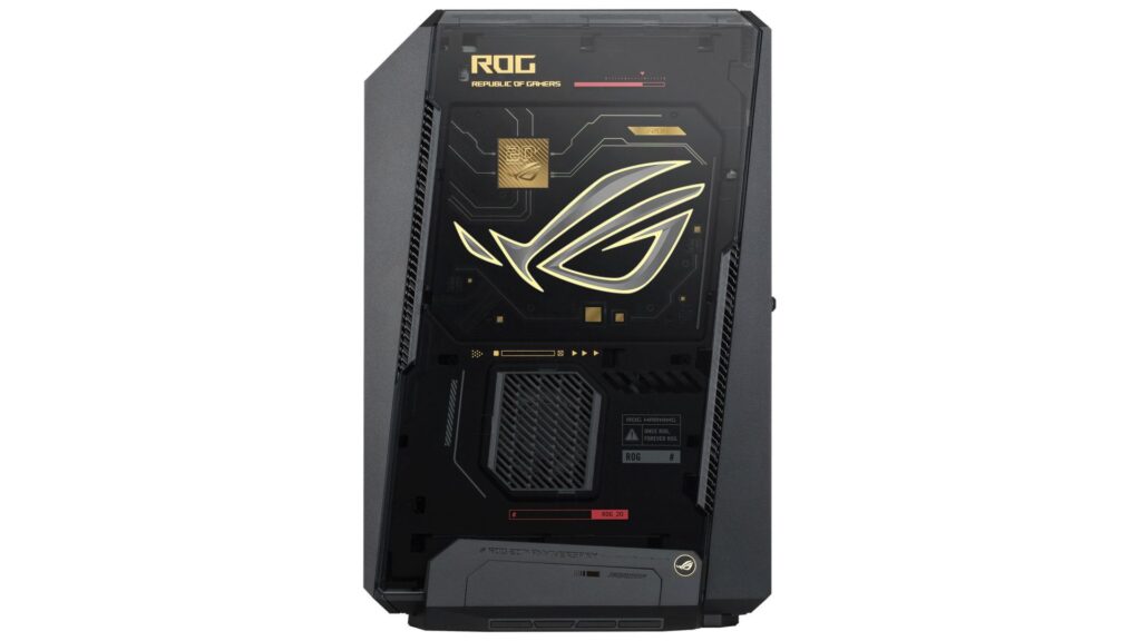 Torre de PC negra con diseño futurista y detalles en dorado, destacando el logo de ROG en la parte superior.
