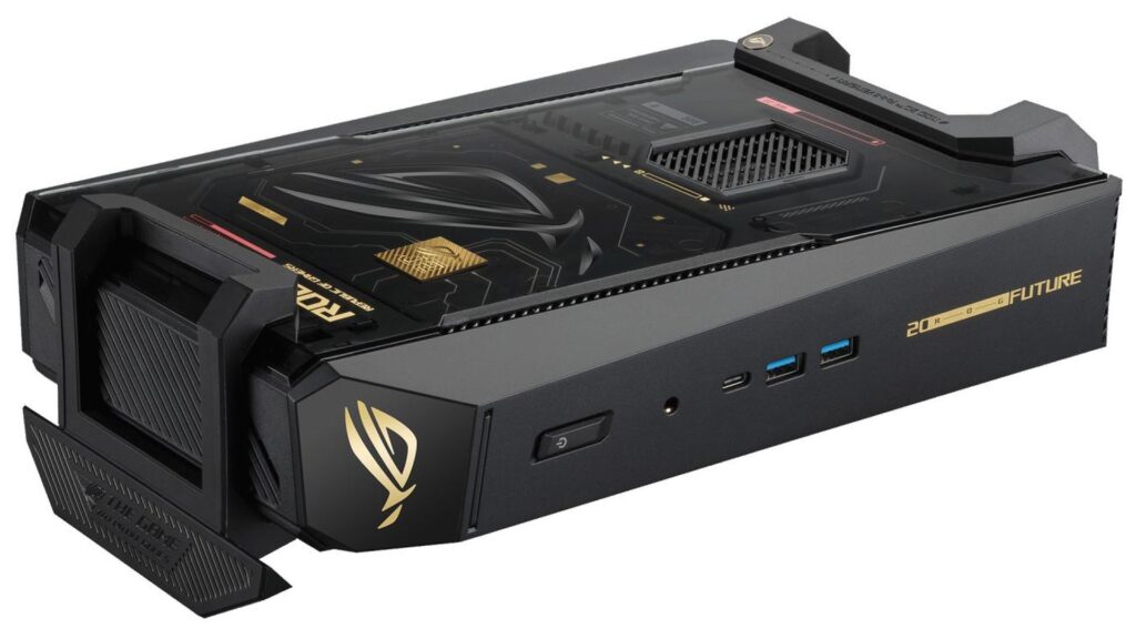 Tarjeta gráfica ROG Futuro en negro y dorado, con puertos USB y diseño moderno, mostrando un acabado elegante y detalles técnicos.