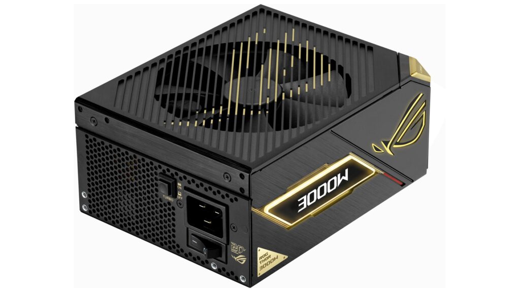 Fuente de alimentación ROG de 3000W con diseño elegante y ventilador, ideal para estaciones de trabajo de alto rendimiento.