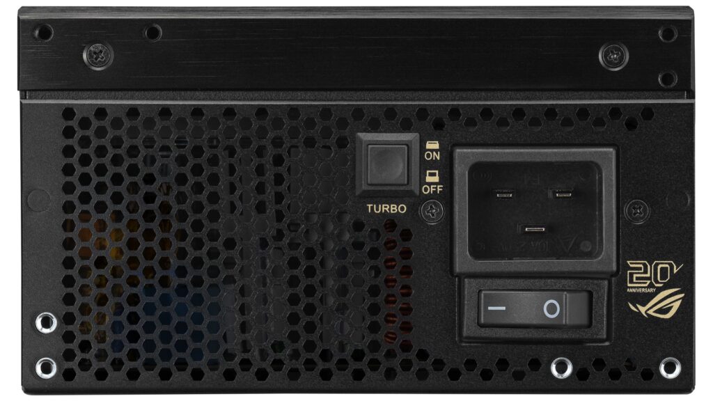 Fuente de alimentación ROG de ASUS con interruptores de encendido y modo Turbo, diseñada para gamers y entusiastas del hardware.