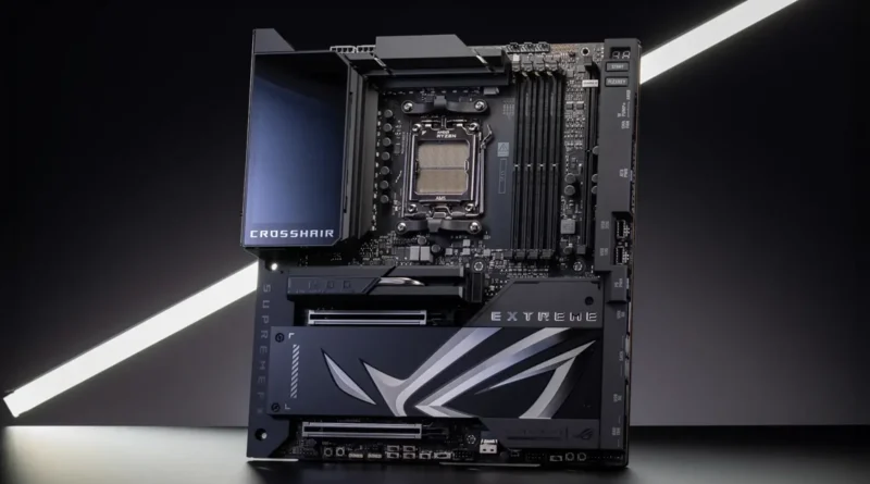 Placa madre ASUS Crosshair AM5 con diseño moderno y detalles en negro y plata, destacando su sofisticación para entusiastas.