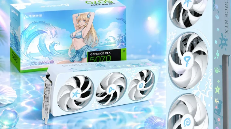 GeForce RTX 5070 Sakura Limited con diseño acuático y refrigeración de cobertura total, destacando su estética y rendimiento.