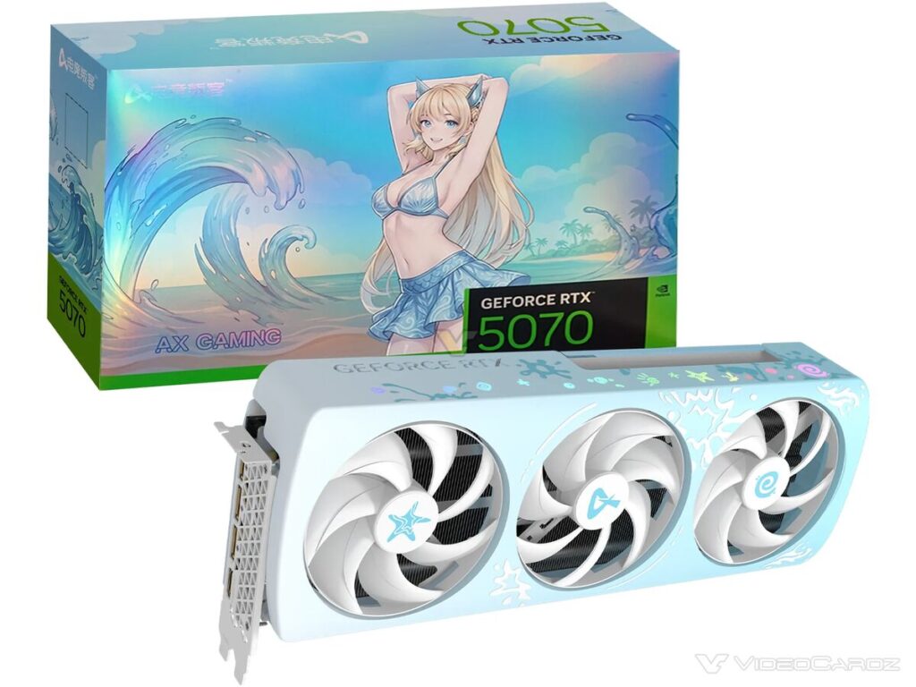 GeForce RTX 5070 Sakura Limited con diseño acuático y refrigeración de cobertura total, presentada junto a su caja.