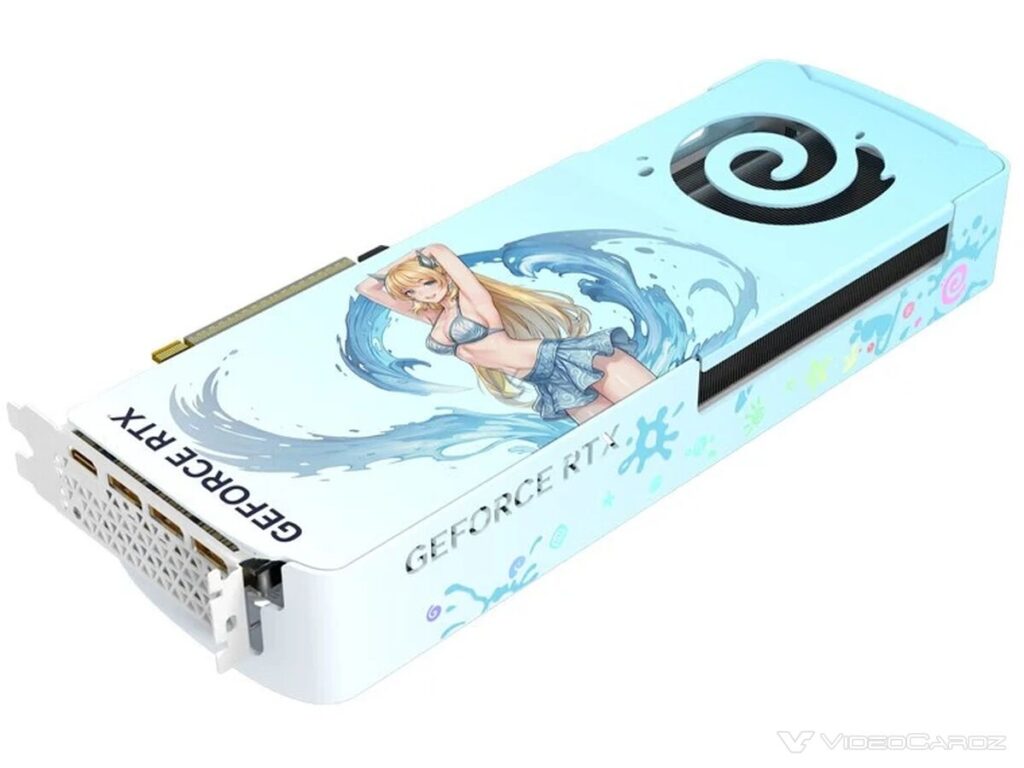 GeForce RTX 5070 Sakura Limited con diseño acuático y arte de personaje en la carcasa.
