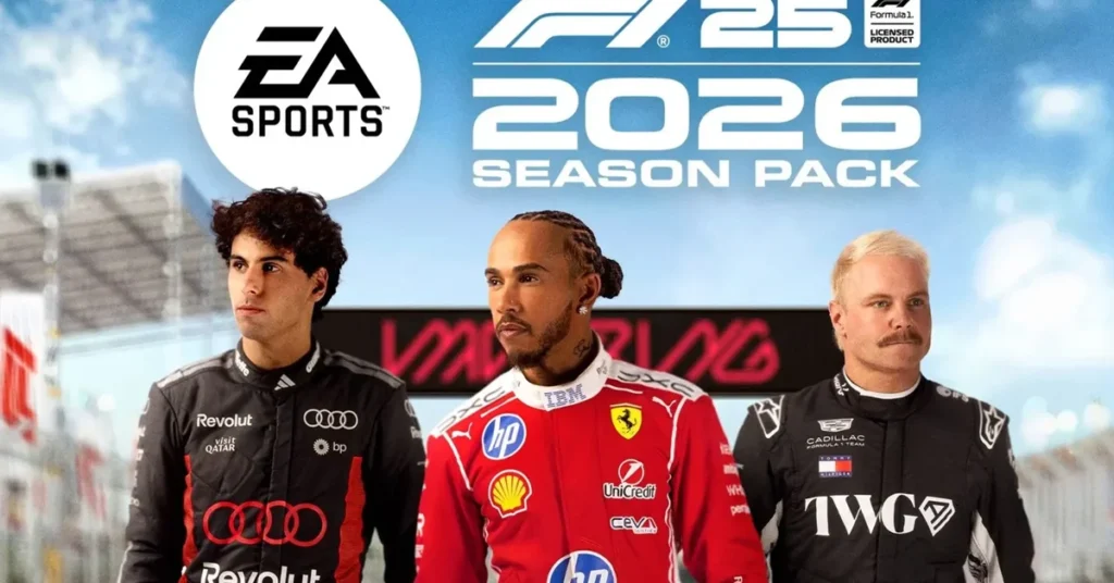 Tres pilotos de Fórmula 1 posan en un fondo de circuito, con el logo de EA Sports. Colores rojo, negro y blanco predominan en la imagen.