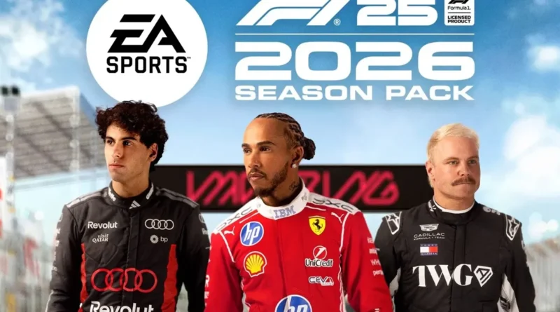 Tres pilotos de Fórmula 1 posan en un fondo de circuito, con el logo de EA Sports. Colores rojo, negro y blanco predominan en la imagen.