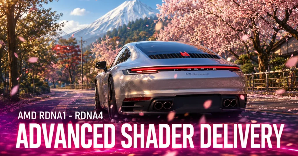 Porsche en una carretera rodeada de cerezos en flor, destacando "ADVANCED SHADER DELIVERY" y referencias a AMD RDNA1 - RDNA4.