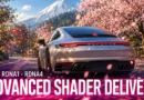 Porsche en una carretera rodeada de cerezos en flor, destacando "ADVANCED SHADER DELIVERY" y referencias a AMD RDNA1 - RDNA4.