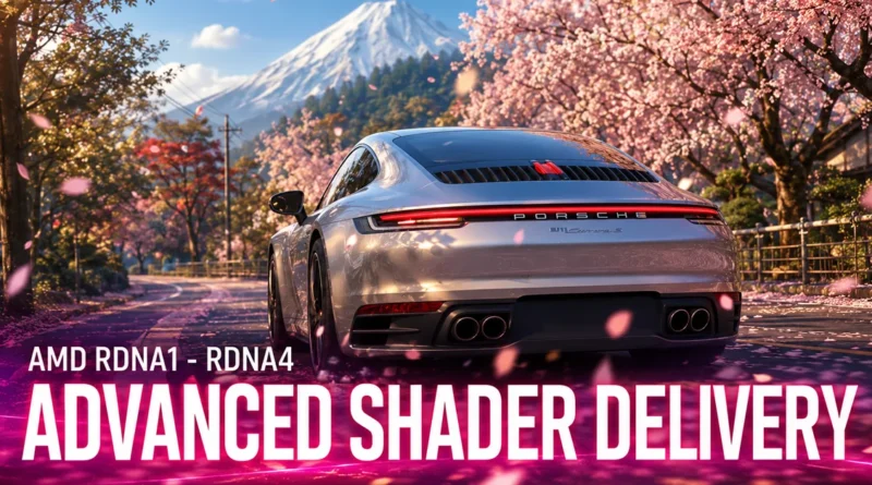 Porsche en una carretera rodeada de cerezos en flor, destacando "ADVANCED SHADER DELIVERY" y referencias a AMD RDNA1 - RDNA4.