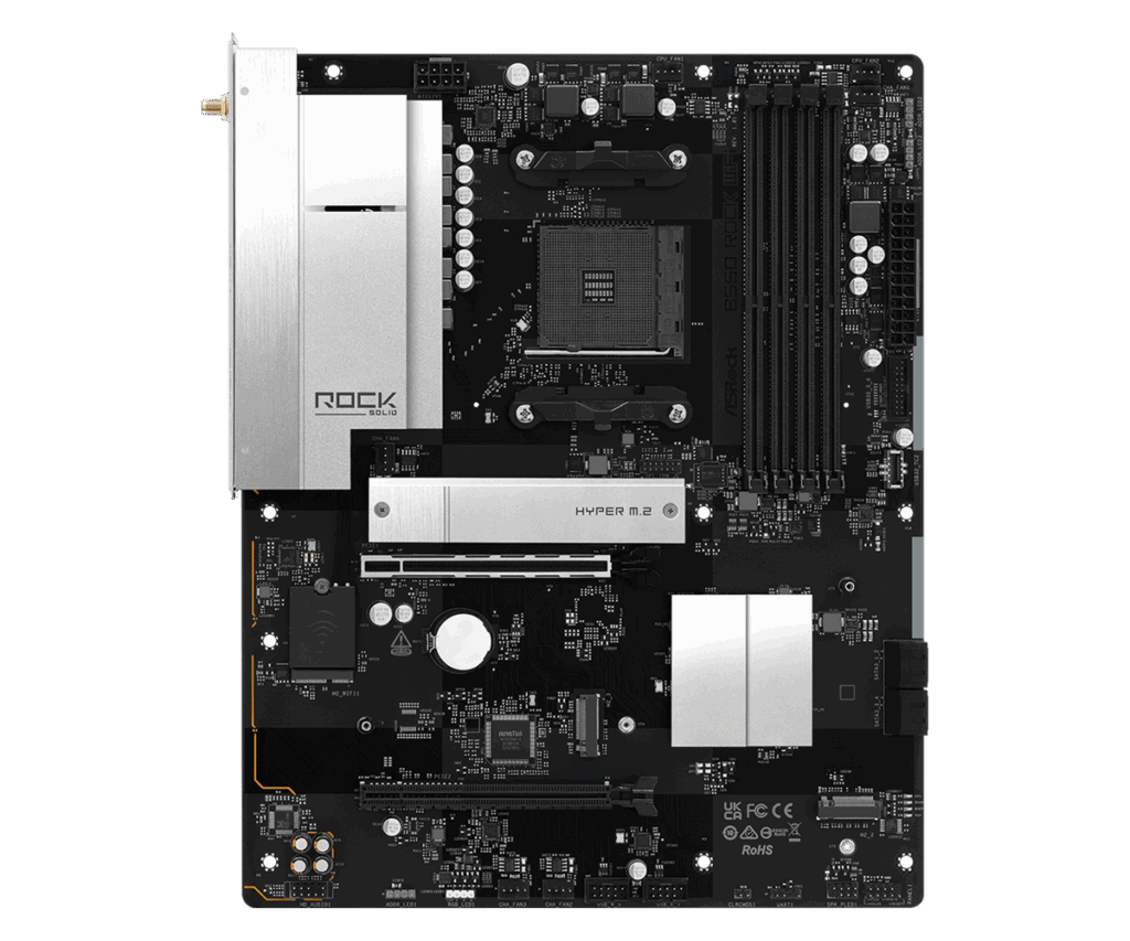 Placa base ASRock con socket para CPU y múltiples conectores, diseñada para alto rendimiento en gaming y tareas de procesamiento.