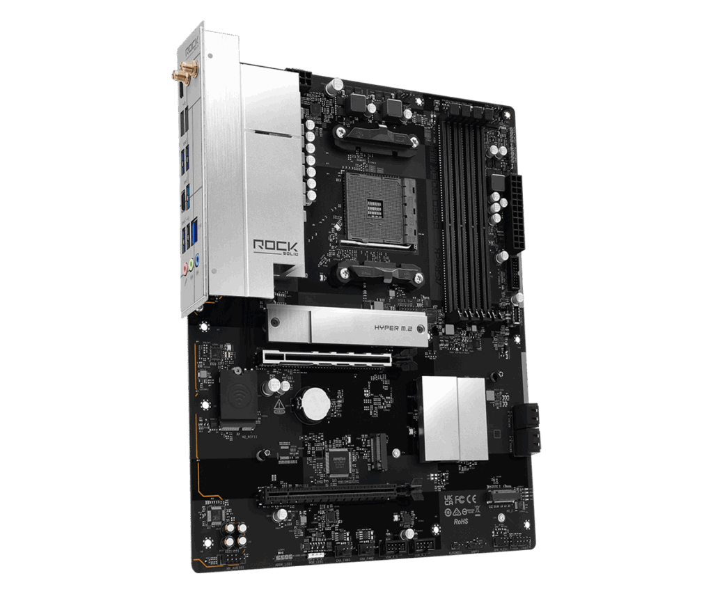 Placa base ROCK en color negro con componentes de hardware, diseñada para alto rendimiento en gaming y tareas exigentes.