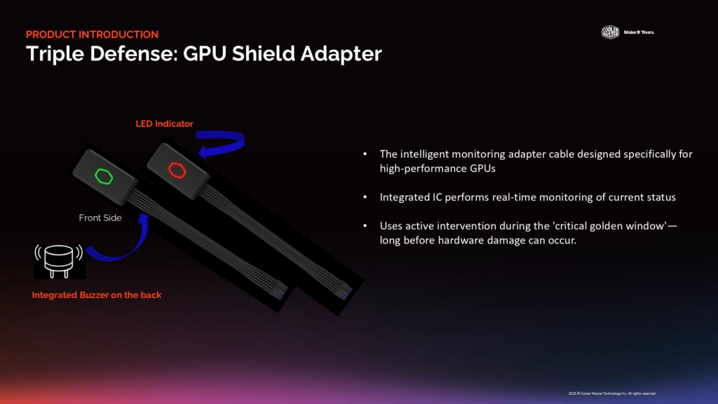 Adaptador de GPU con indicador LED, integración de un zumbador y diseño frontal que resalta su función de monitoreo en tiempo real.