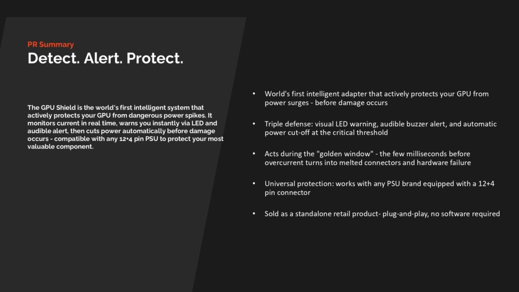 Adaptador inteligente que protege la GPU de sobretensiones, con advertencias visuales y sonoras, y sistema de protección universal.