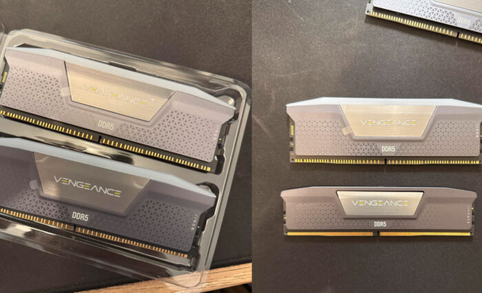 Módulos de memoria RAM Vengeance DDR5 en envase transparente, uno gris oscuro y otro gris claro, con detalles en dorado.