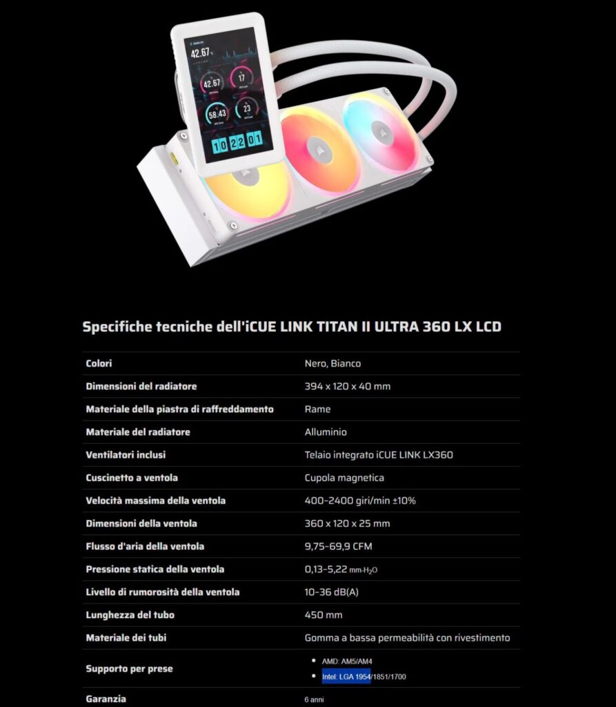 Enfriador líquido iCUE LINK TITAN II ULTRA 360 LX LCD con ventiladores coloridos, detalles técnicos en texto blanco sobre fondo negro.