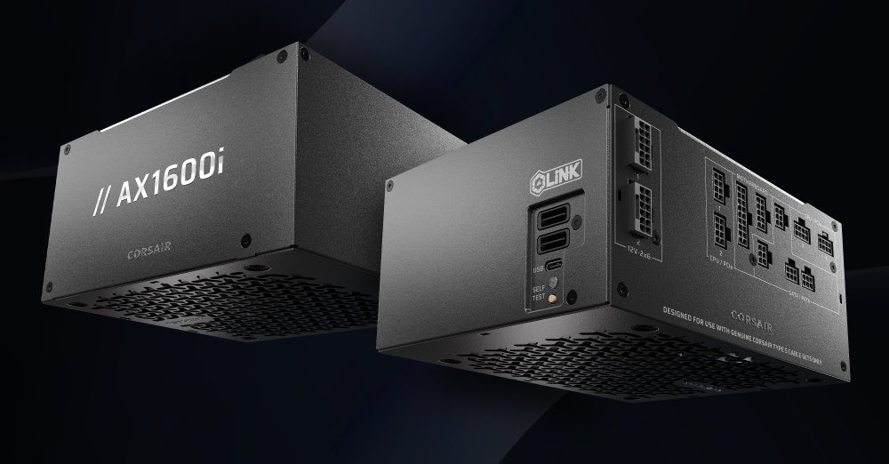 Fuente de alimentación Corsair AX1600i en color negro, con puertos y etiquetas visibles, sobre un fondo oscuro y suave.