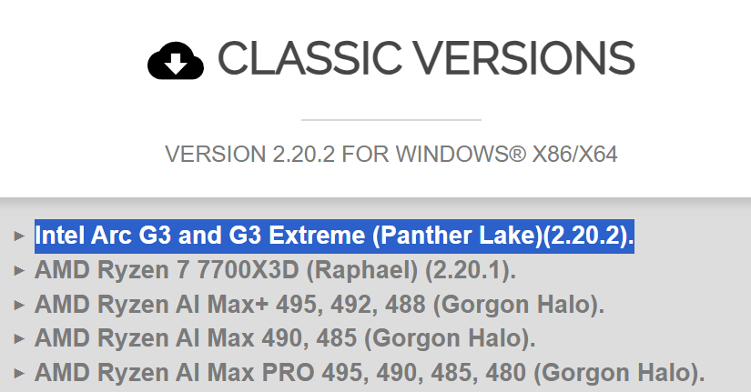 Lista de versiones de software con enfoque en Intel Arc G3 y procesadores AMD Ryzen, resaltando la versión "2.20.2" en azul.