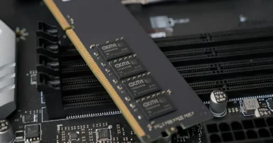 Módulo de memoria DDR5 de CXMT sobre una placa base negra, con chips visibles y ranuras para instalación.