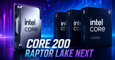 Procesador Intel Core 200 Raptor Lake Next, junto a otros modelos, destacando su soporte para LGA-1700 y 16 núcleos.