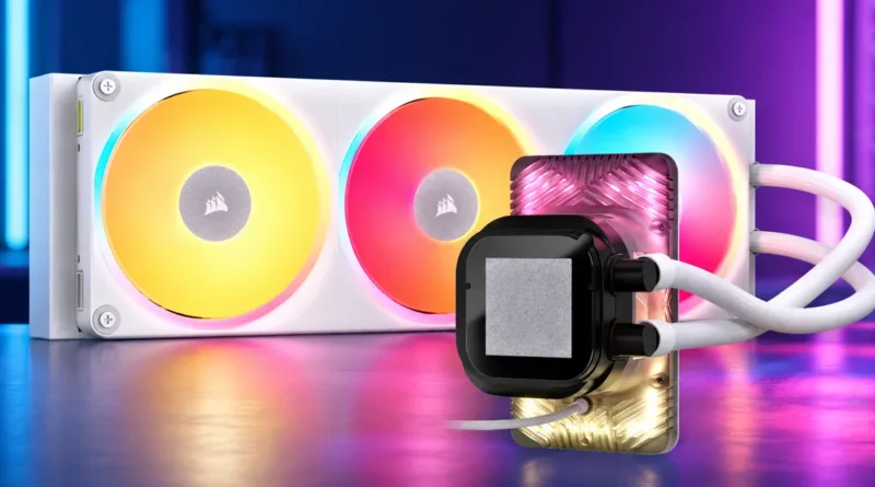 Sistema de refrigeración líquida AIO de Corsair con luces RGB brillantes en ventiladores, con bloque de CPU en primer plano.