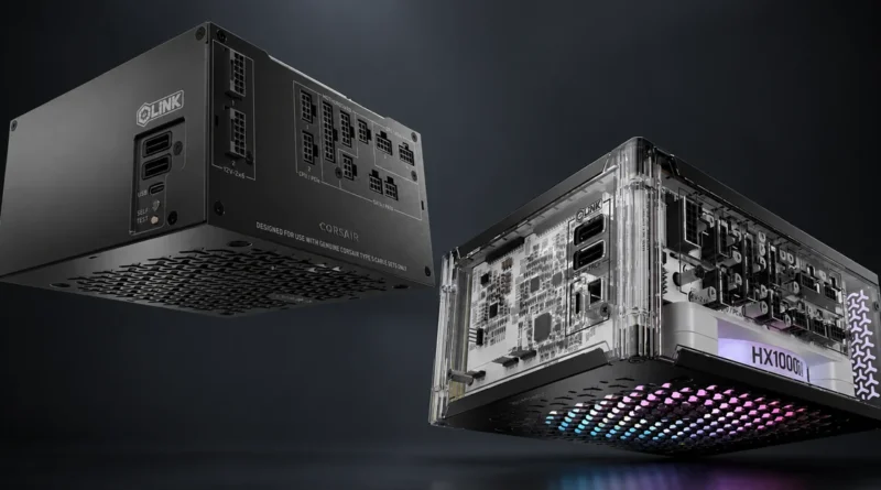 Fuentes de alimentación Corsair: una en negro mate y la otra con panel transparente iluminado, mostrando conexiones y componentes internos.