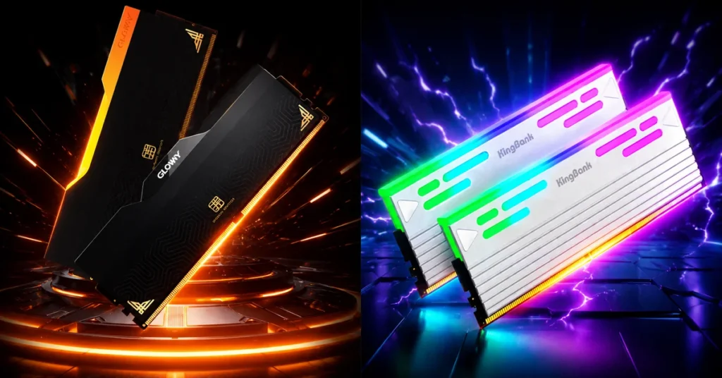 Kits DDR5 de 48 GB de Glowy y KingBank, mostrando los módulos con iluminación RGB y diseño distintivo.