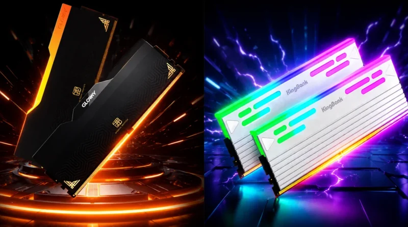 Kits DDR5 de 48 GB de Glowy y KingBank, mostrando los módulos con iluminación RGB y diseño distintivo.