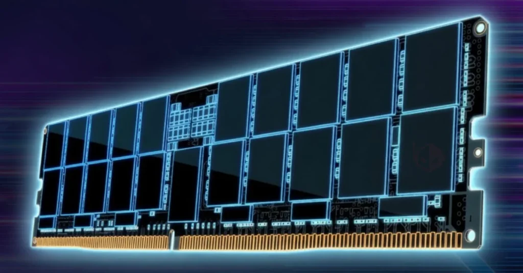 Módulo de memoria DRAM con diseño futurista, iluminado y detallado, representando avances tecnológicos en hardware.