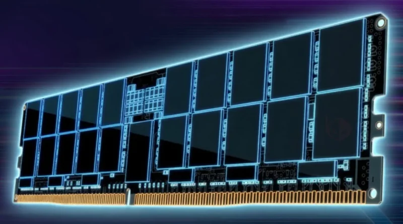 Módulo de memoria DRAM con diseño futurista, iluminado y detallado, representando avances tecnológicos en hardware.