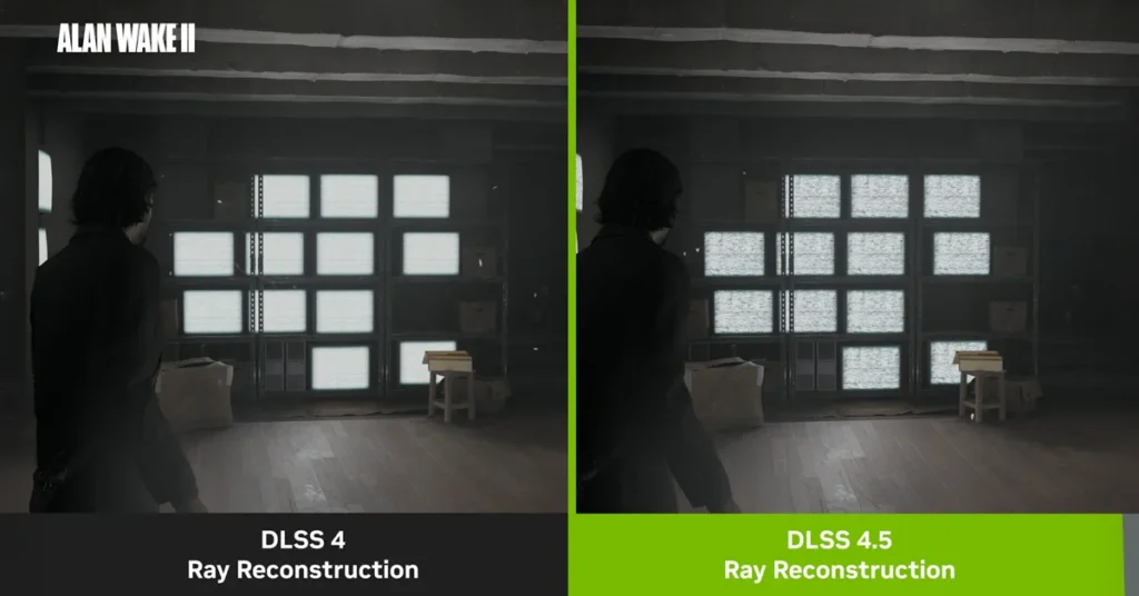 Comparativa entre DLSS 4 y DLSS 4.5 Ray Reconstruction, mostrando mejoras visuales en gráficos oscuros y detalles más claros.
