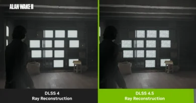 Comparativa entre DLSS 4 y DLSS 4.5 Ray Reconstruction, mostrando mejoras visuales en gráficos oscuros y detalles más claros.