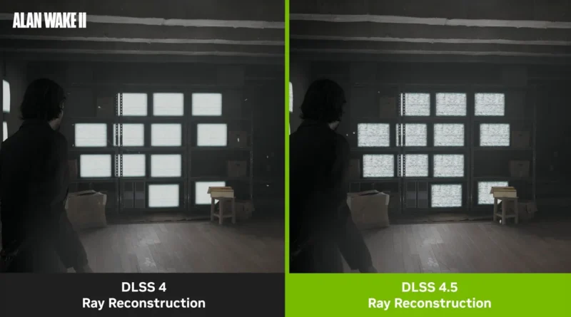 Comparativa entre DLSS 4 y DLSS 4.5 Ray Reconstruction, mostrando mejoras visuales en gráficos oscuros y detalles más claros.