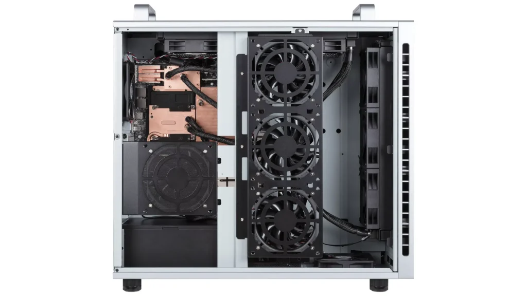 Estuche de PC de hardware con ventiladores visibles y componentes internos, ideal para optimizar el rendimiento en gaming.
