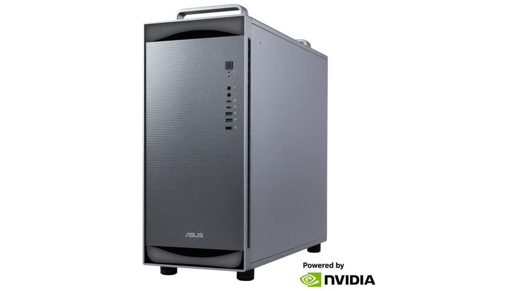 Caja de PC Asus de diseño elegante, con logo de NVIDIA en la parte inferior indicando potencia gráfica.