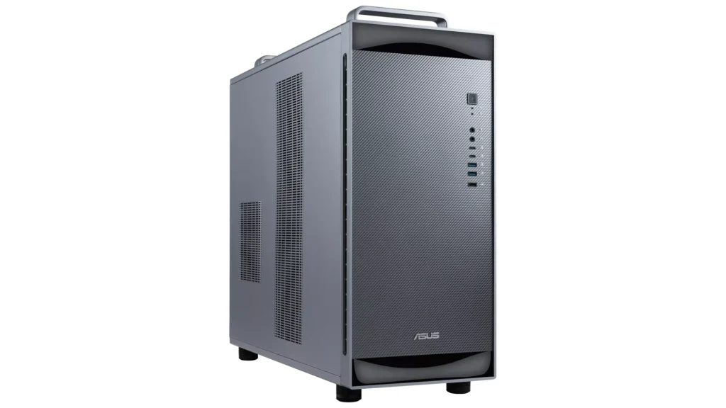 Caja de PC ASUS gris con panel frontal ventilado y múltiples puertos USB. Ideal para ensamblajes de hardware y gaming.