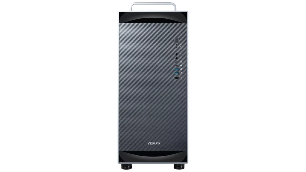 Caja de computadora ASUS con diseño moderno y puertos USB en la parte frontal, ideal para ensamblaje de hardware.
