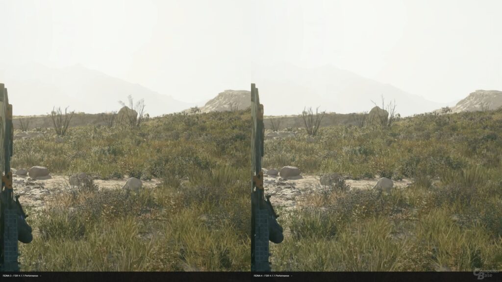 Comparativa de gráficos en un entorno de juego con detalles de texturas y paisajes naturales.